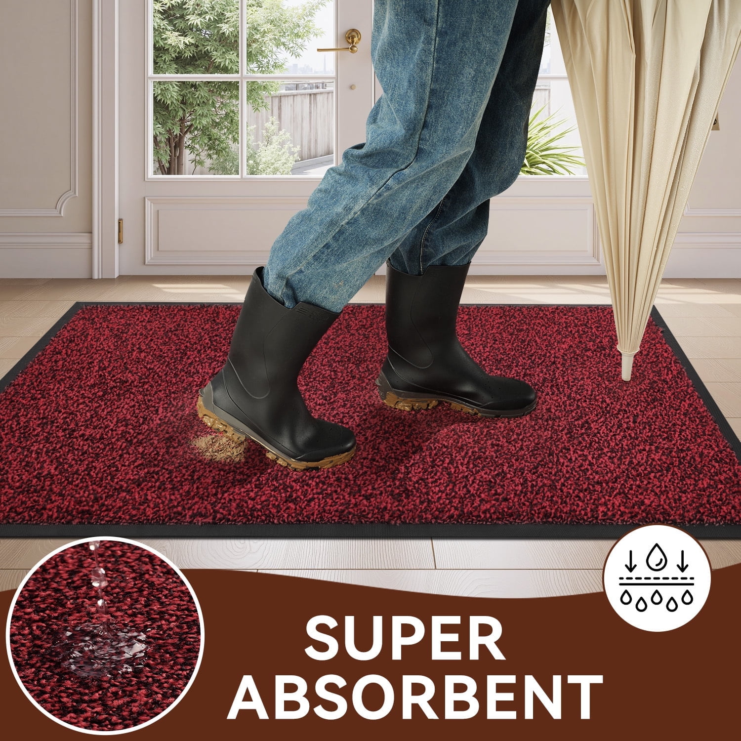 VUNATE 24" x 35" Dirt Trapper Indoor Door mat Non Slip Front Door Mats Absorbent Rubber Entrance Rug Durable Heavy Duty Outdoor Mats Washable Welcome Mats for Outside Red