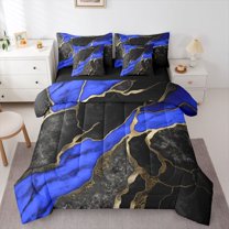 Homewish Mystic Blue Marbling Bedding Comforter Set 7 Pieces for Women, Art Abstract Marble Full Bedding Set, Watercolor Reversible Fitted Sheet Flat Sheet, Ultra Soft Bedroom Decor