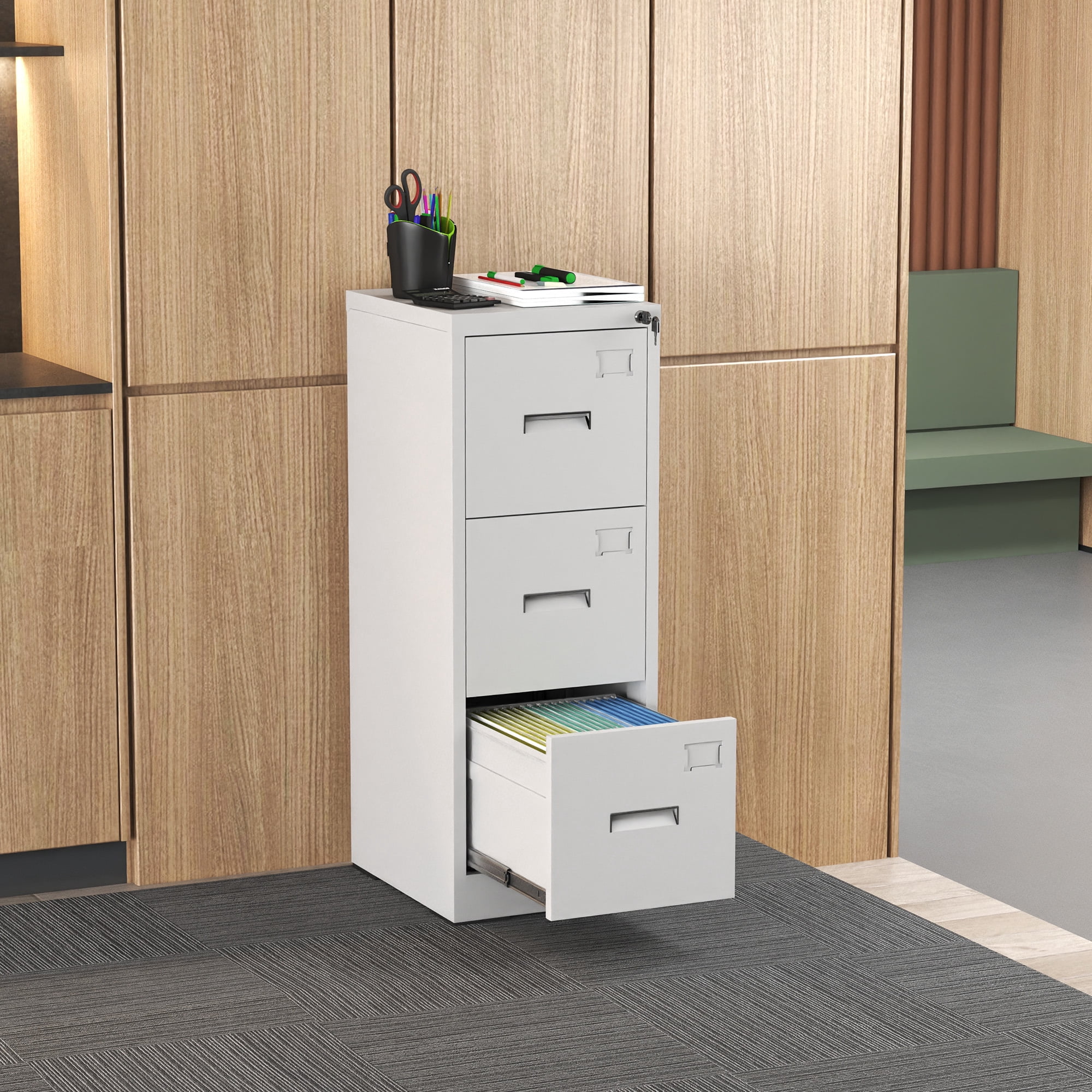 File Cabinet, 3 Drawer Filing Cabinet with Lock, Locking Vertical File Cabinet for Home Office, White Metal File Cabinet for Hanging Letter/Legal Folders, Easy Assemble
