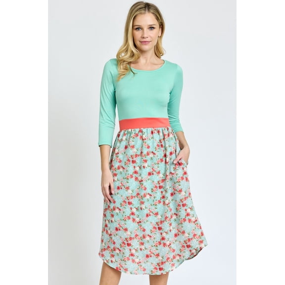 Mint 3/4 Sleeve Ditsy Rose Midi Dress with Coral Band | S-3X