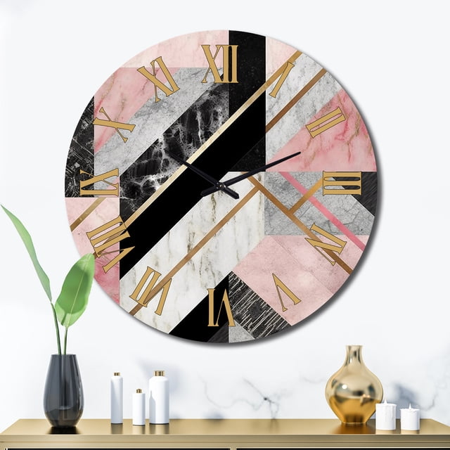 Designart "Marble Granite Agate with Gold Accents XIV" Modern Geometric Oversized Wall Clock