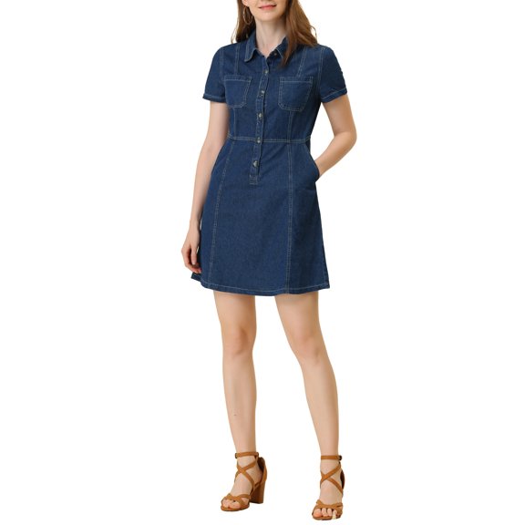 INSPIRE CHIC Women's Elegant Denim Collared Short Sleeve Summer Dress Blue XS