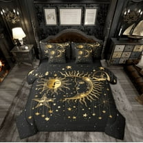 Manfei Bohemian Moon Sun Twin Bedding Sets 7-Piece, Black Gold Stars Print Bedding Comforter Set, Hippie Tribal Galaxy Reversible Sheet Sets, Breathable Home Decor