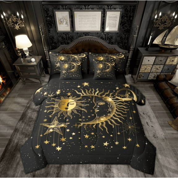 Manfei Bohemian Moon Sun Twin Bedding Sets 7-Piece, Black Gold Stars Print Bedding Comforter Set, Hippie Tribal Galaxy Reversible Sheet Sets, Breathable Home Decor