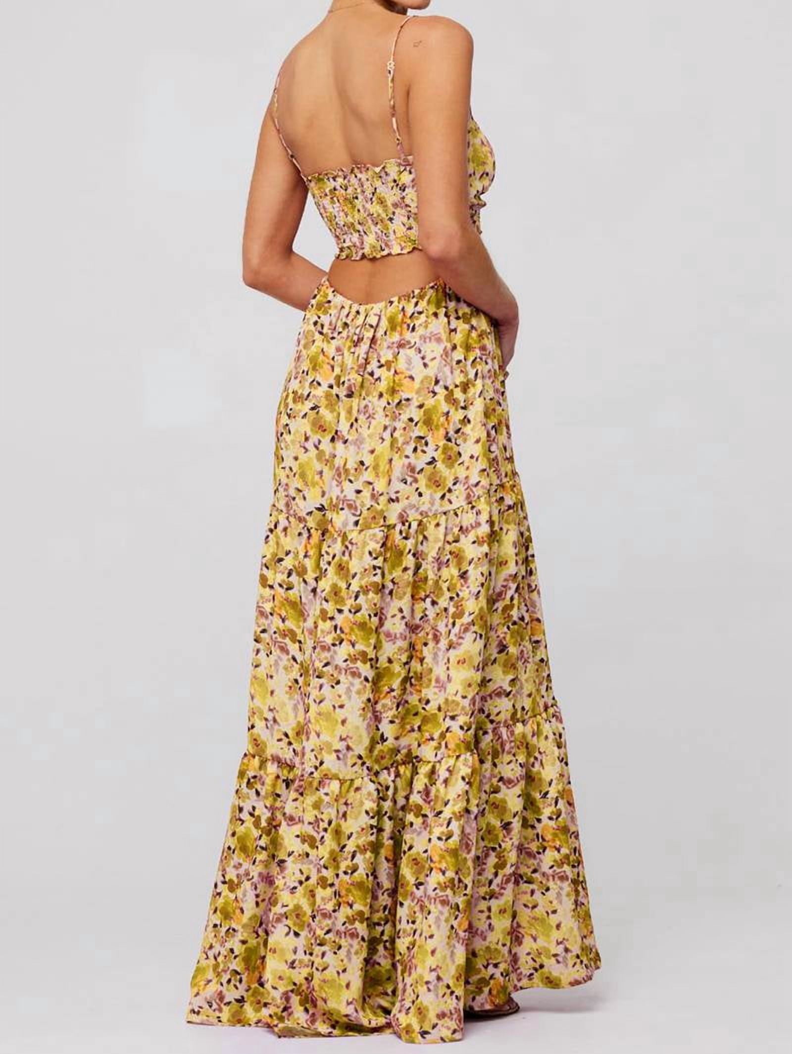 Summer Floral Women Spaghetti Straps Hollow Out Tie Front Maxi Dress Flowy Smocked - Dress Yellow-Green L