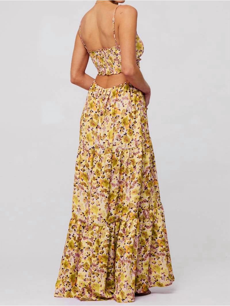 yellow flowy dress Flowing With Ruffled Bell Sleeves The versatility of this dress lies in its infinity design with two long Summer Floral Women Spaghetti Straps