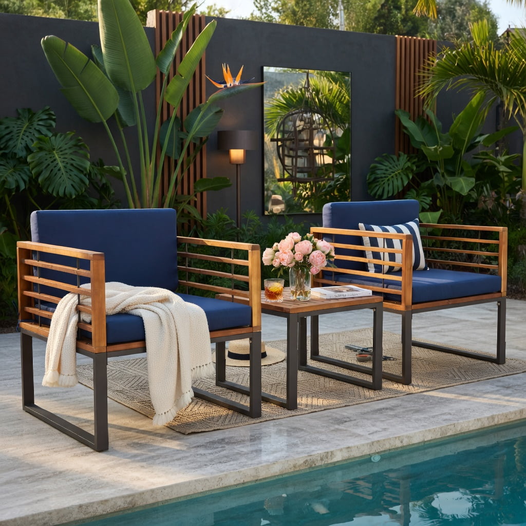 Hommoo 3-Piece Acacia Wood Patio Conversation Set with Cushioned Armchairs & Matching Coffee Table, Rust-Resistant Metal Frame, Removable Washable Covers, Ideal for Deck, Balcony & Porch, Navy