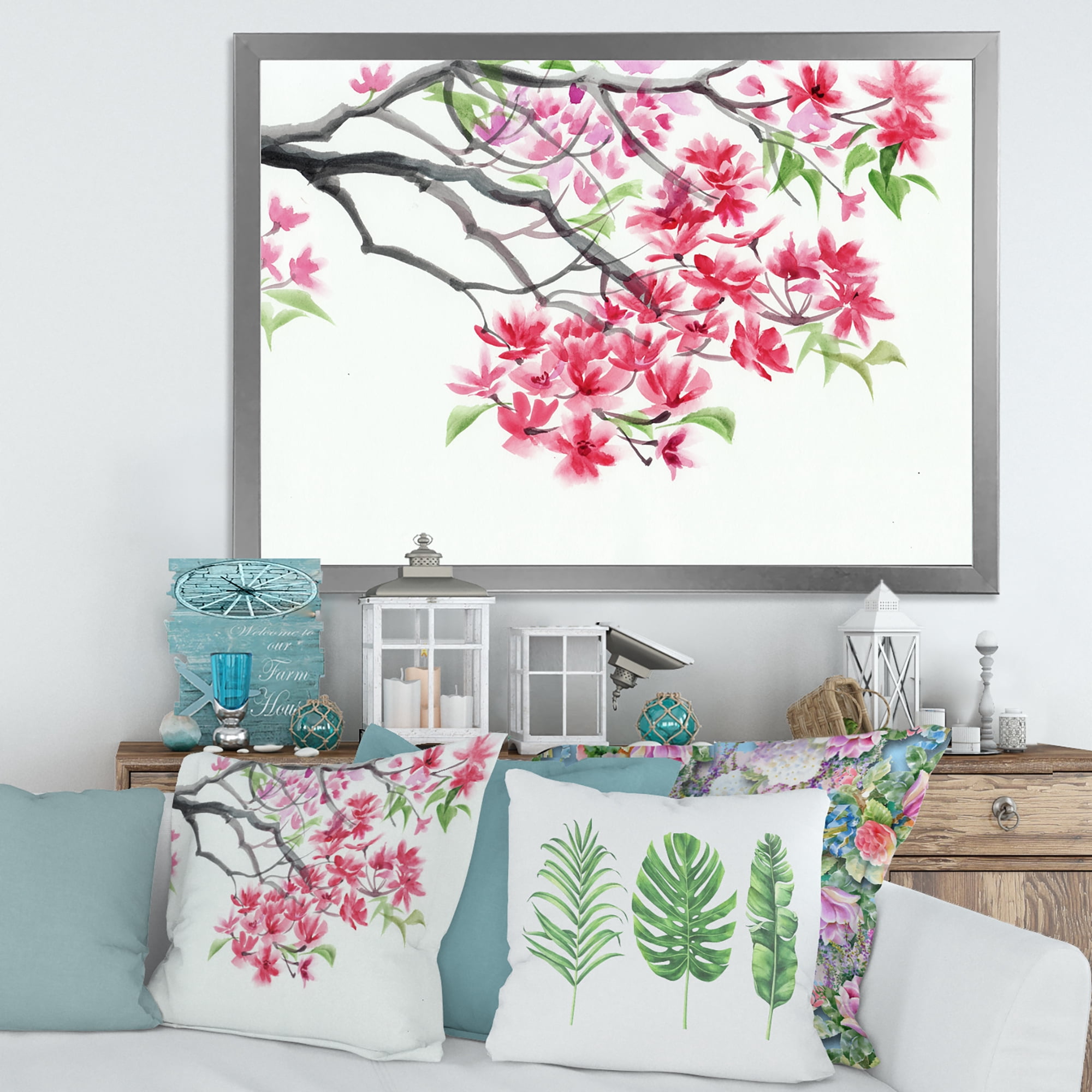 Designart 'Red Blossoming Tree On White' Traditional Framed Art Print