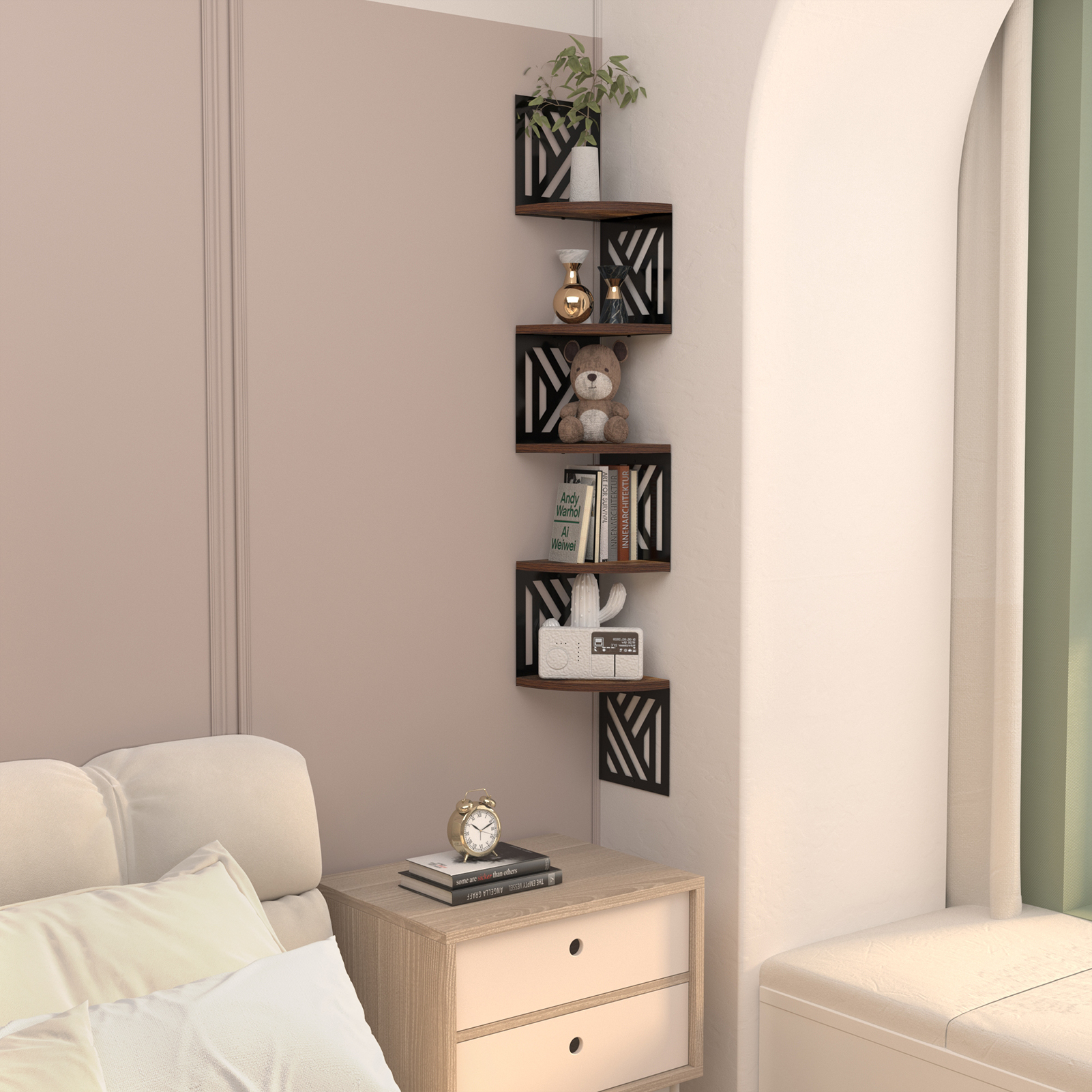 5-Tier Floating Corner Shelf Wall Mount Rustic Brown Shelves for Bedroom Bathroom Kitchen Living Room