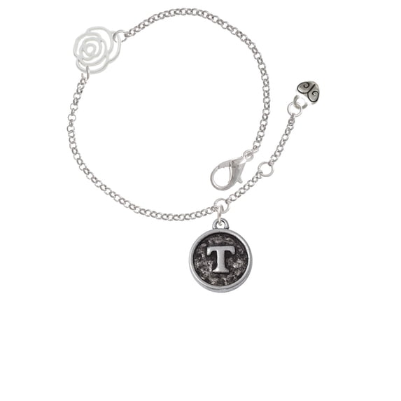 Delight Jewelry Silvertone Antiqued Round Seal - Initial - T - Silver-tone Rose Link Chain Bracelet, 6.25"+1.75" Extender