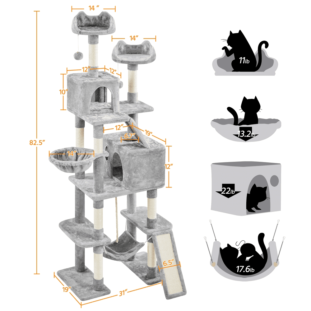 Alden Design 82.5″ H Multi Level Large Cat Tree with 2 Cozy Condos for Indoor Small/Medium Cats, Light Gray