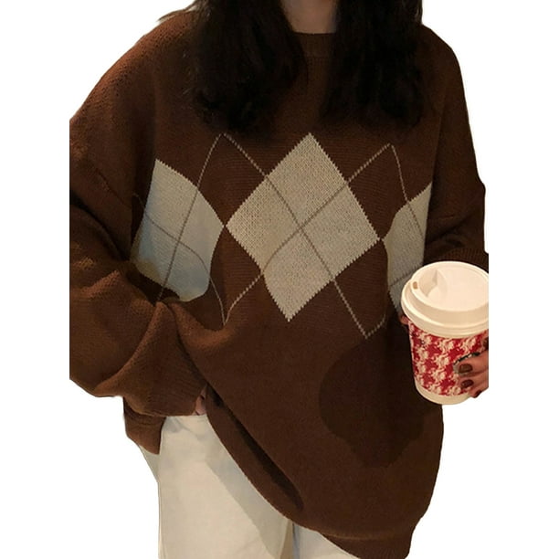 Fortune Women Oversize Sweater Argyle Print Knitted Pullover Loose