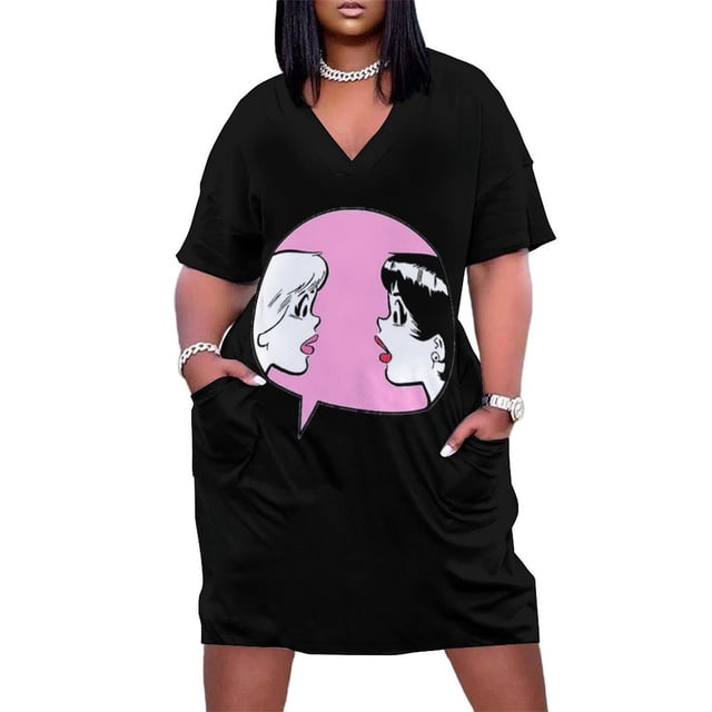 Vestido retro holgado con bolsillos y pegatinas gráficas para mujer, vestido de moda para mujer, vestidos de noche