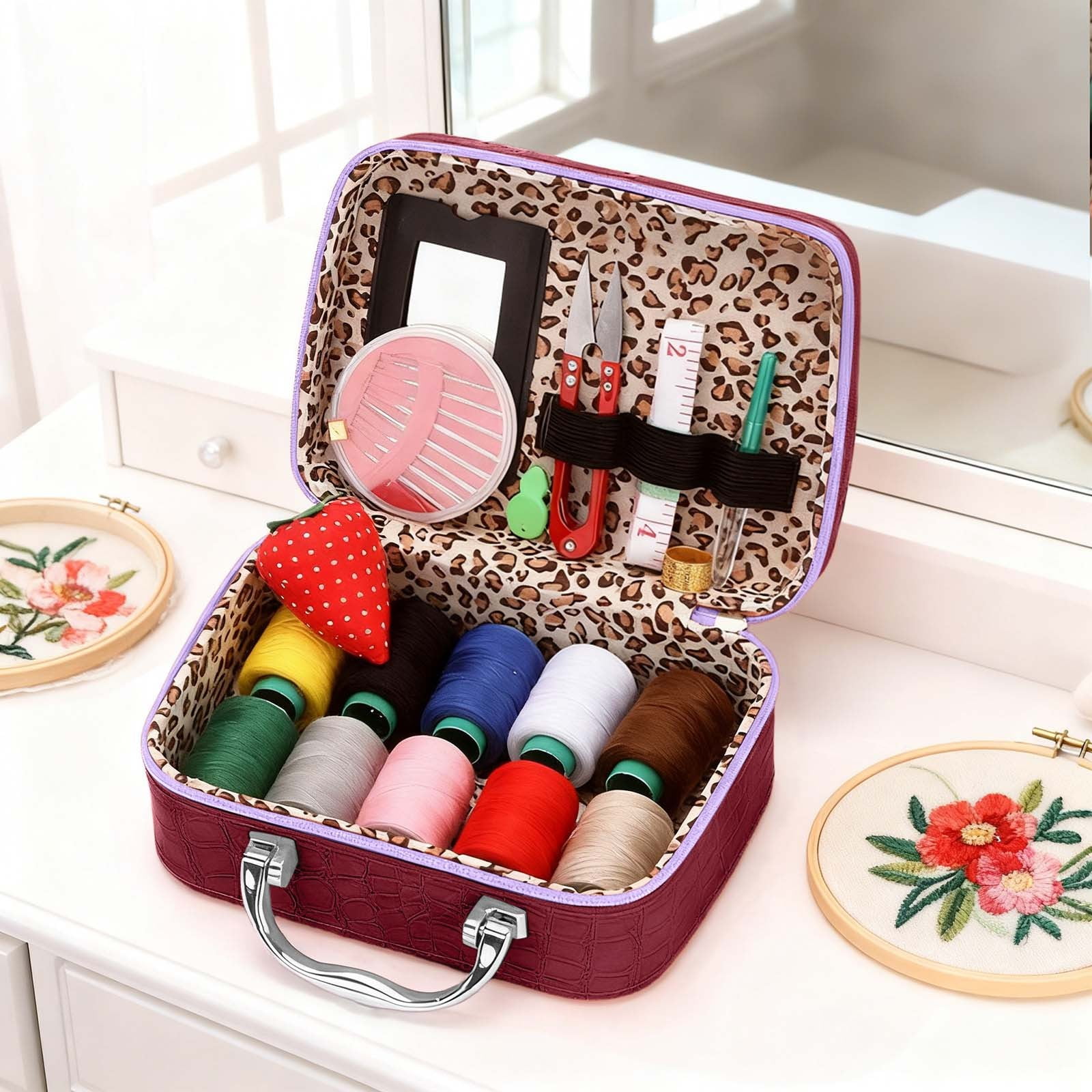 Eqslft Portable Sewing Kit in Leather Case, Sewing Kit,Knitting Complete DIY Needlework For Handmade Crafting Projects,Beginners and Professionals