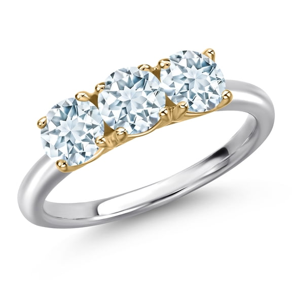 Gem Stone King 10K Two Tone Gold Sky Blue Aquamarine Engagement Ring for Women | 1.50 Cttw | Round 5MM | Gemstone March Birthstone | Size 6
