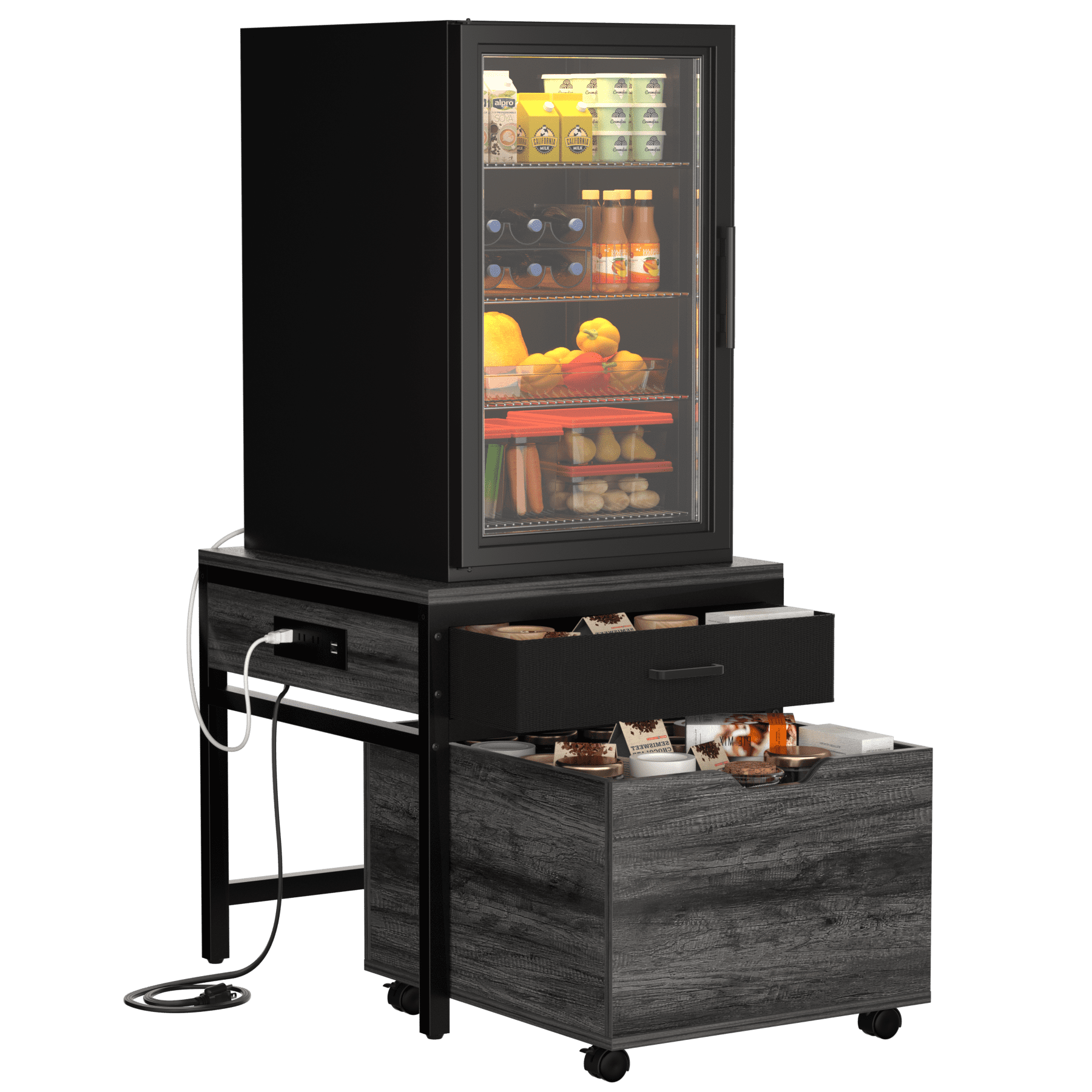 Homieasy Mini Fridge Stand with Drawer Storage & Sockets, Heavy Duty Mini Refrigerator table with Rolling Cabinet for Dorm, Apartment, Office, Mini Fridge and Microwave Stand,Black Oak