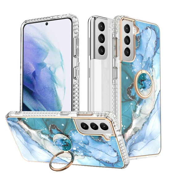 TOPSHE Marble Case for Samsung Galaxy S21+ Plus Slim Shockproof Phone Protective Cover with 360 Degree Rotary Ring Kickstand Holer -Blue Marble