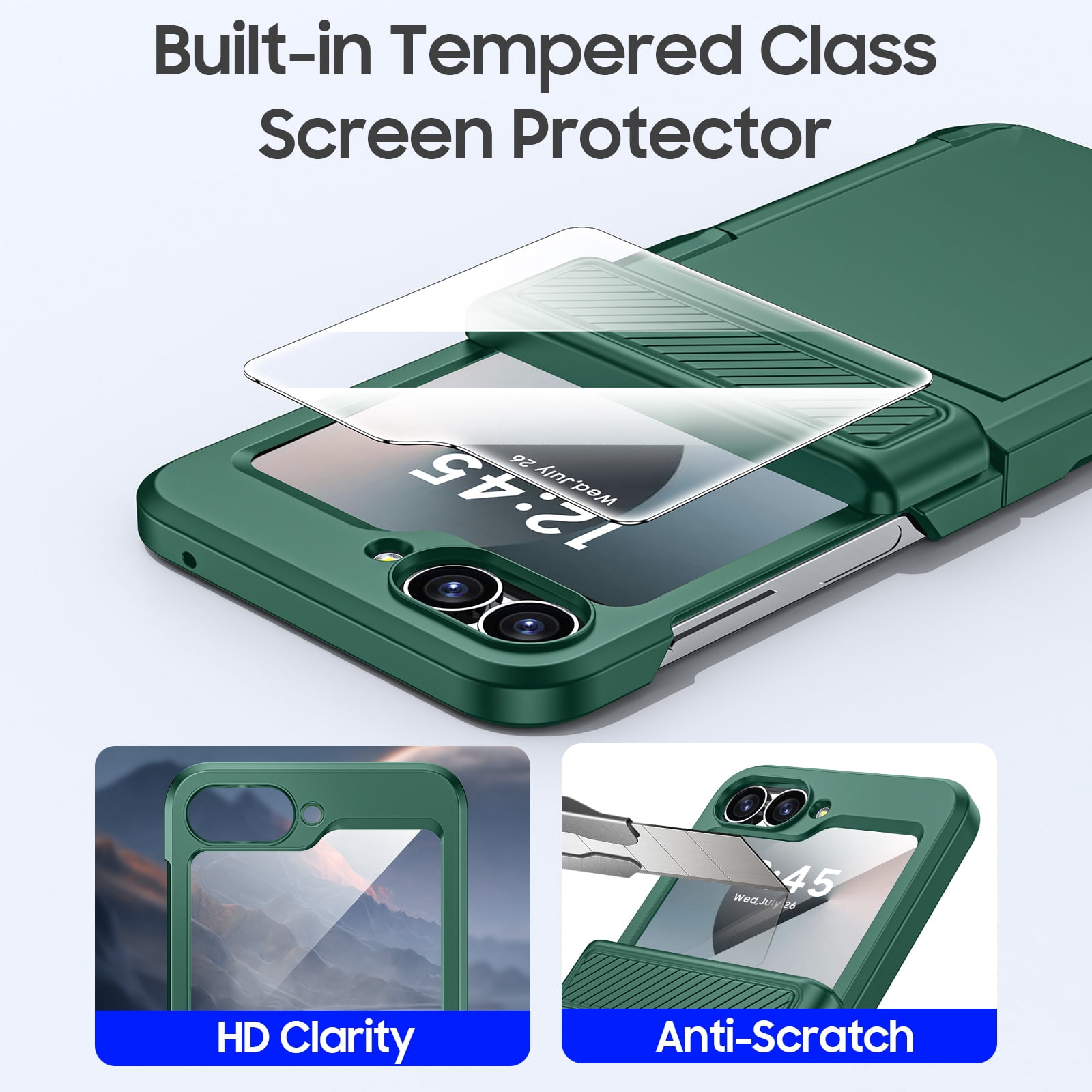 Oupeigar for Samsung Galaxy Z Flip 6/7FE Phone Case with Card Holder[RFID Blocking],Hinge Protection,Screen Protector,Shockproof Case-Green