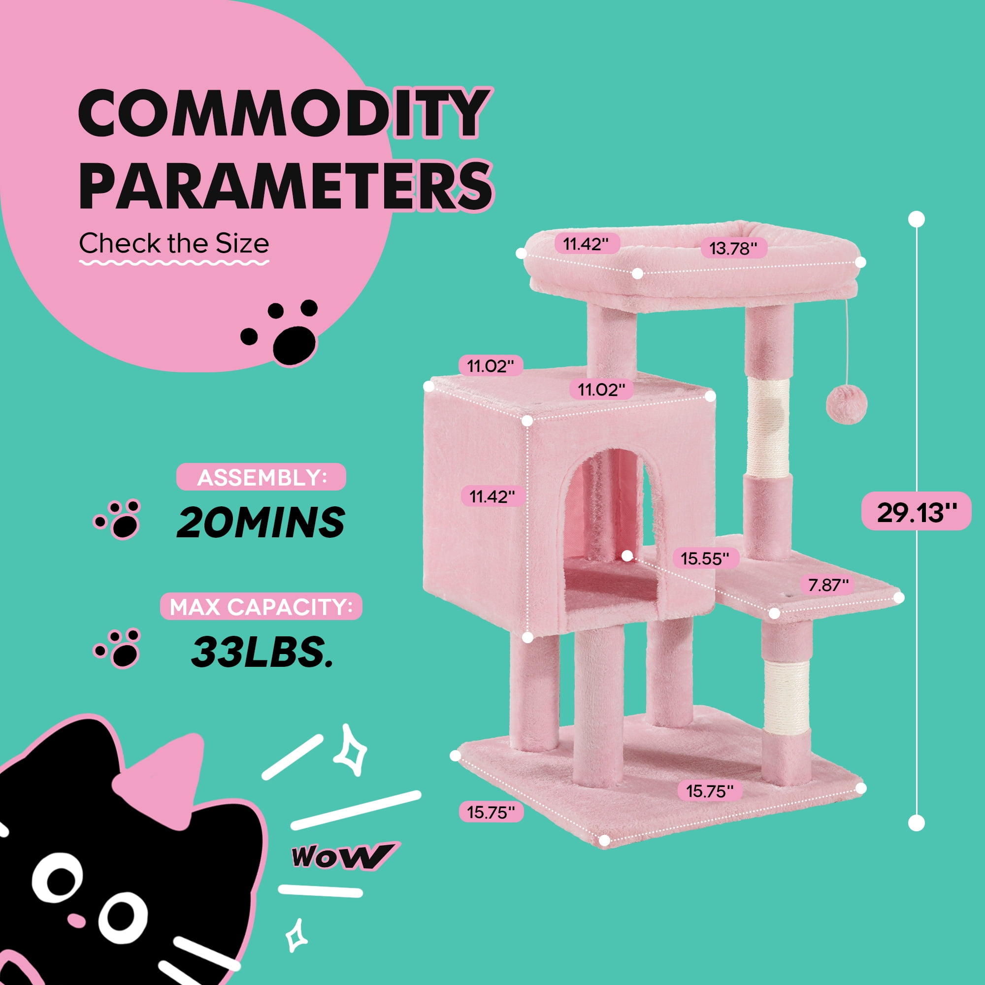 Einfach 29" Cat Tree Tower with Plush Perch Condo House for Indoor Cats & Scratching Post, Pink