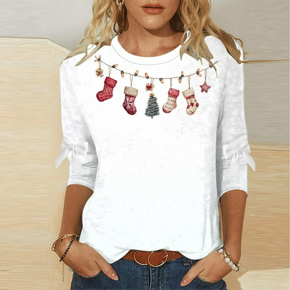 Aboser Christmas Shirts for Women 3/4 Sleeve Funny Xmas Print Tops Casual Crewneck Tunics Plus Size Merry Xmas Graphic Tees Winter Shirt S-5XL