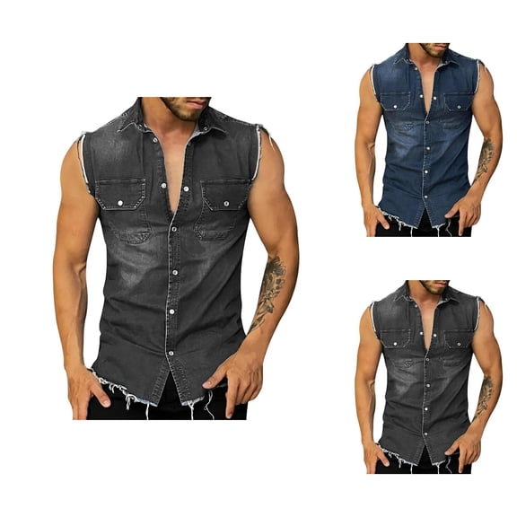Sleeveless Denim Shirt for Men Summer Casual Button Down Collared Raw Hem Jean Vest Jacket Tank Tops