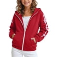 thumbnail image 2 of Girls Loose Fit Zip Front Hooded Jacket, Decorative Ribbon Bows Drawstring Hood Sweatshirt, Cozy Solid Color Outerwear Red 14-15Years, 2 of 7