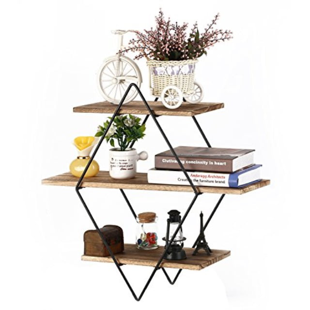 Details about   3 Tier Floating Rhombus Wall Shelves Retro Wood and Metal For Home,Rustic Decor 