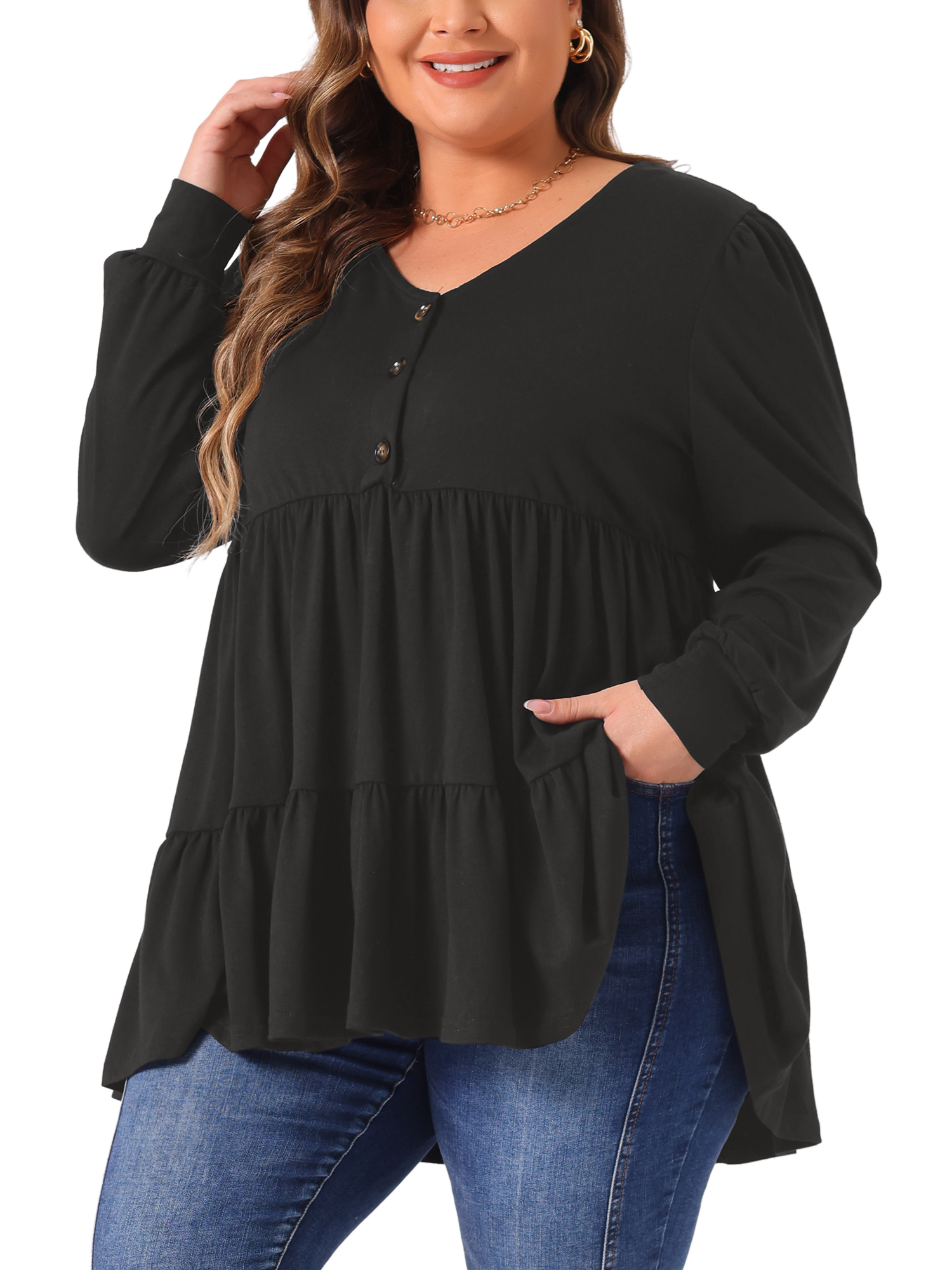 DARING DIVA Women's Plus V Neck Long Sleeve Peplum Babydoll Top 1X Black