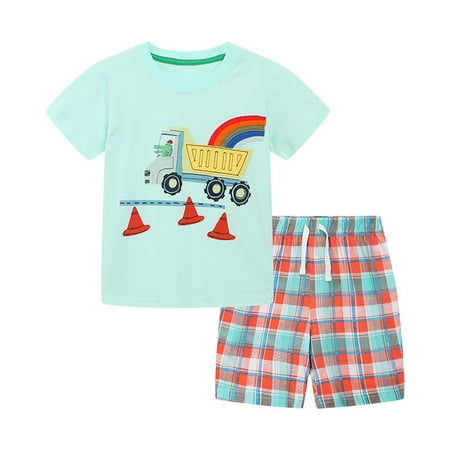 

ZRBYWB Summer Children S Short Sleeve Shorts Two Piece Knitted Cotton Cartoon Cute Car Rainbow Animal Pattern Children S Suit Summer Clothes