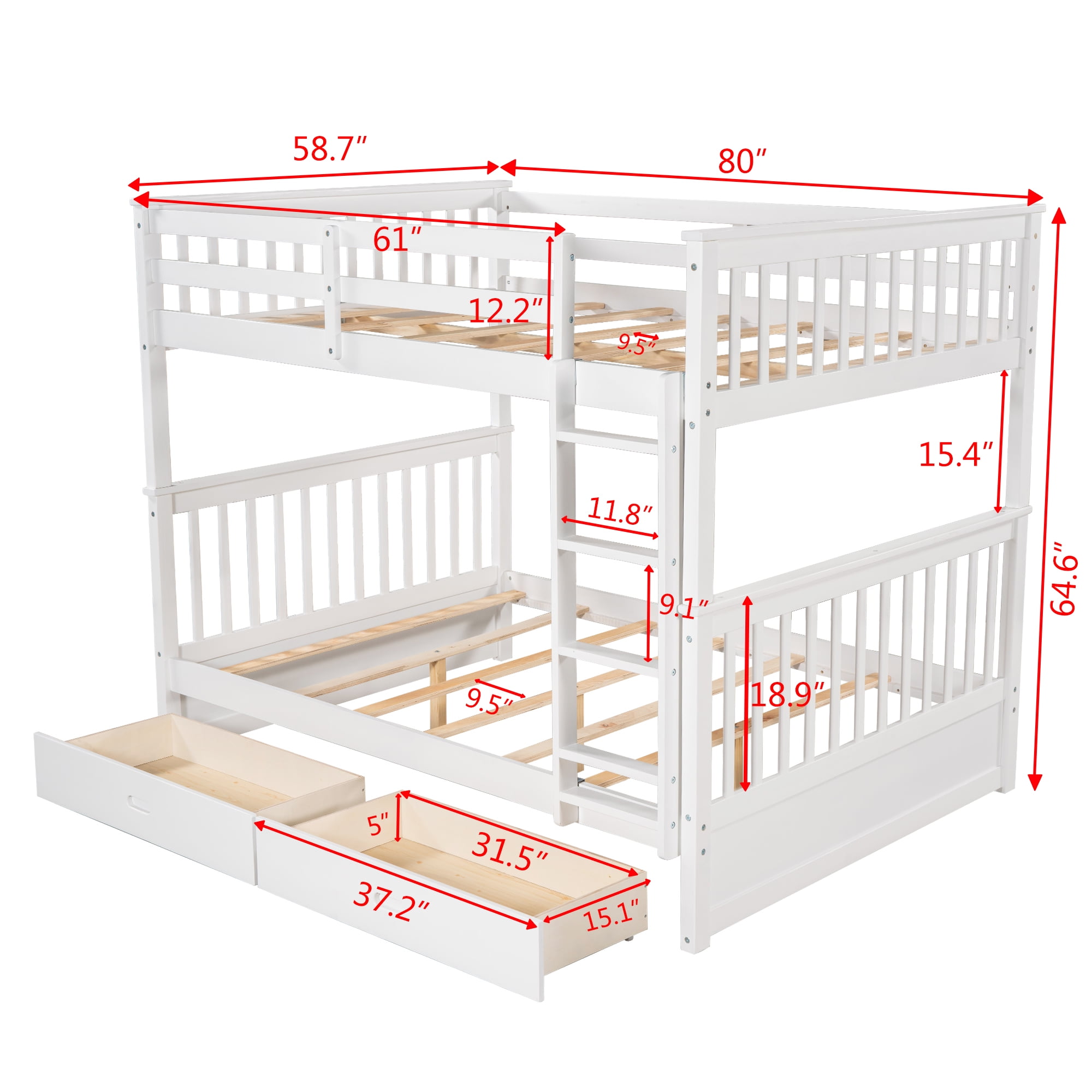 Aukfa Full over Full Bunk Bed with Two Storage Drawers, Wood Convertible Two Bed for Kids Teens - White