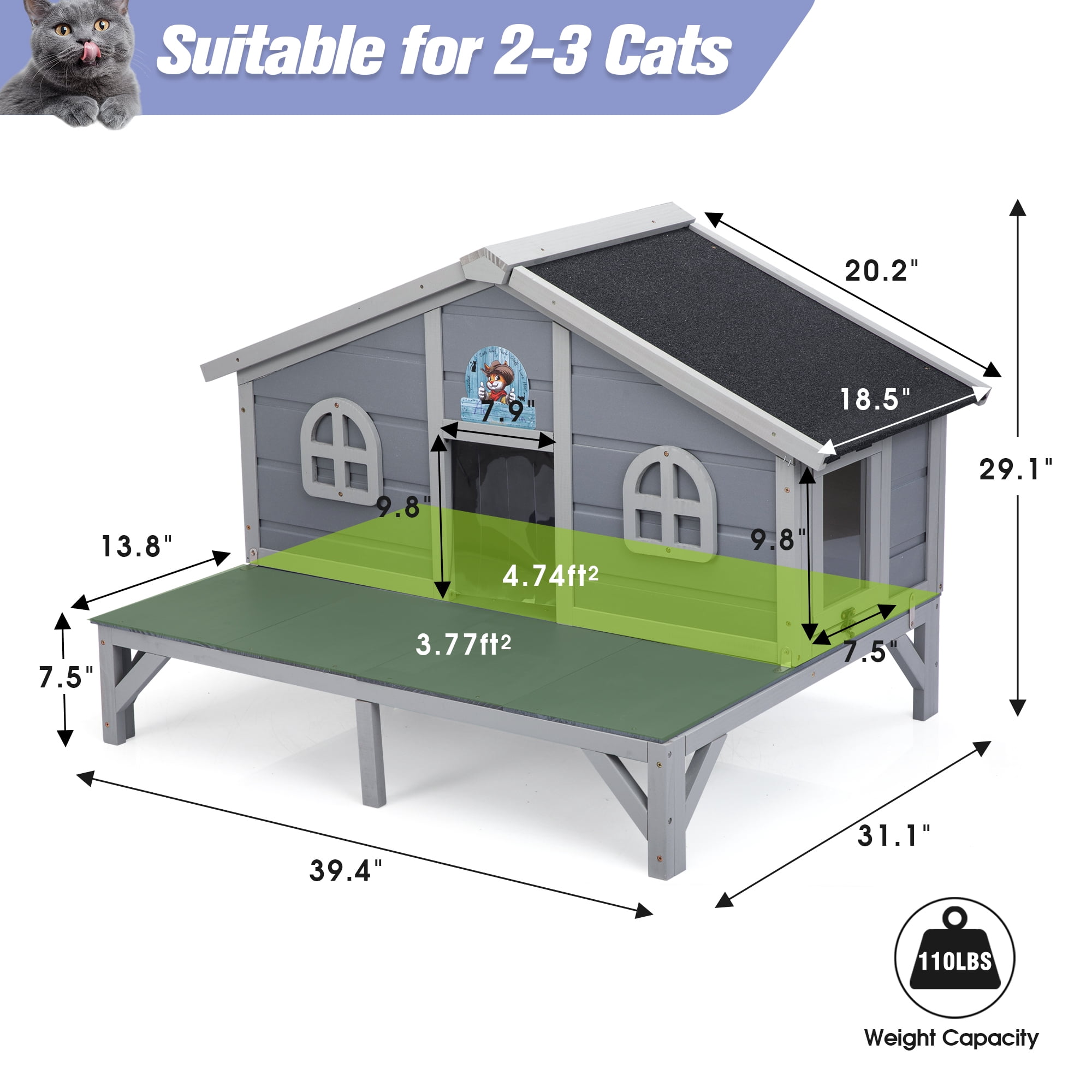 COZIWOW 43in Insulated Cat House for Outdoor Wooden Cat Shelter with Deck, Elevated, Gray