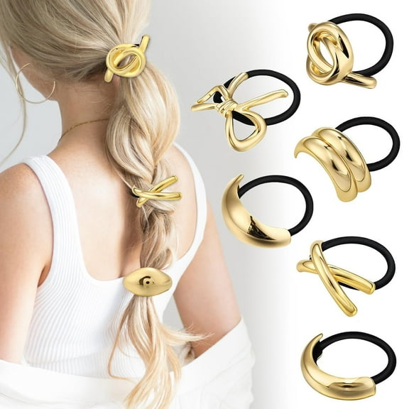 Kabuer Gold Metal Hair Ties, Ponytail Holders for Thick Hair, Perfect Holiday Gift, Set of 6