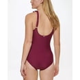 thumbnail image 3 of DKNY Women's Burgundy Stretch Tummy Control Ruffled Removable Cups Lined Deep V Neck Moderate Coverage One Piece Swimsuit 6, 3 of 3
