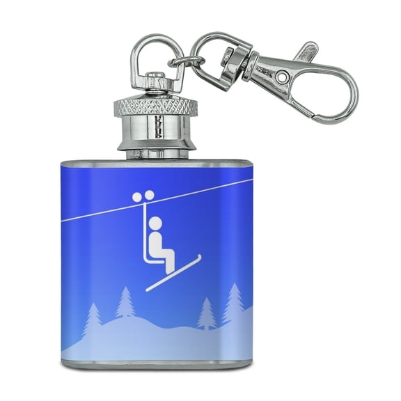 Skiing Ski Lift Symbol in Snow Stainless Steel 1oz Mini Flask Key Chain