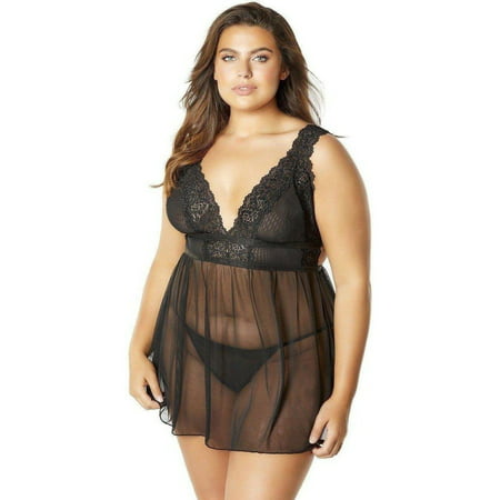 Lingerie Oh La La Cheri OLL-75-10789X Mesh and Lace Frame Empire Babydoll  with G-String 3X/4X / BLACK 