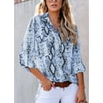 thumbnail image 3 of QWZNDZGR Women Button Down Snake Print 3 4 Tab Sleeve Tunic Blouse Tops Shirts, 3 of 5
