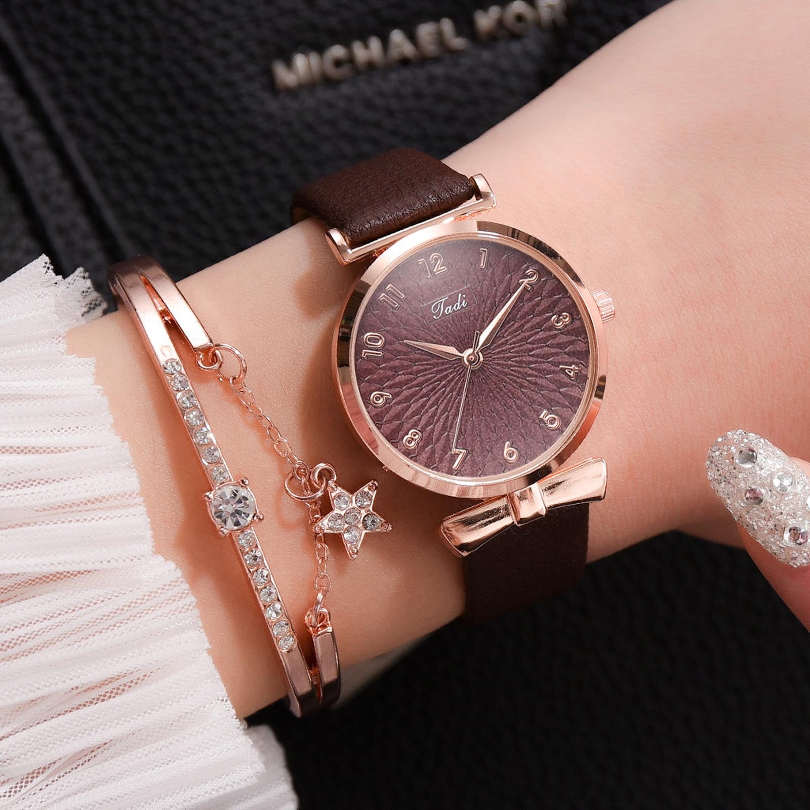 Hoarboeg Watch For Women Mother s Day Gift Women Watches Bracelet Set Flowers Ladies Bracelet Watch Casual Leather Quartz Brown
