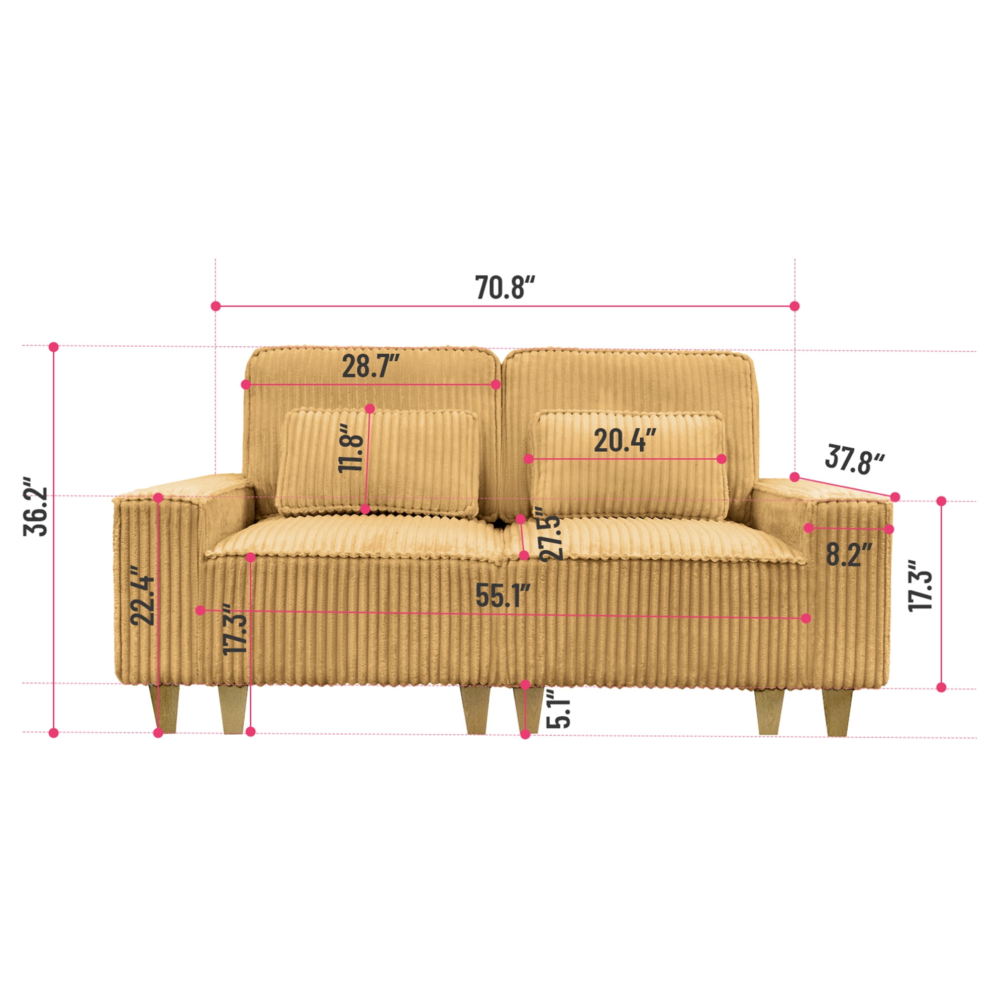 Aukfa 3 Piece Sofa Set - 71" Deep Seat Couch Loveseat Couch w/ Cup Holders&Pillows, Solid Wood Legs, Mustard