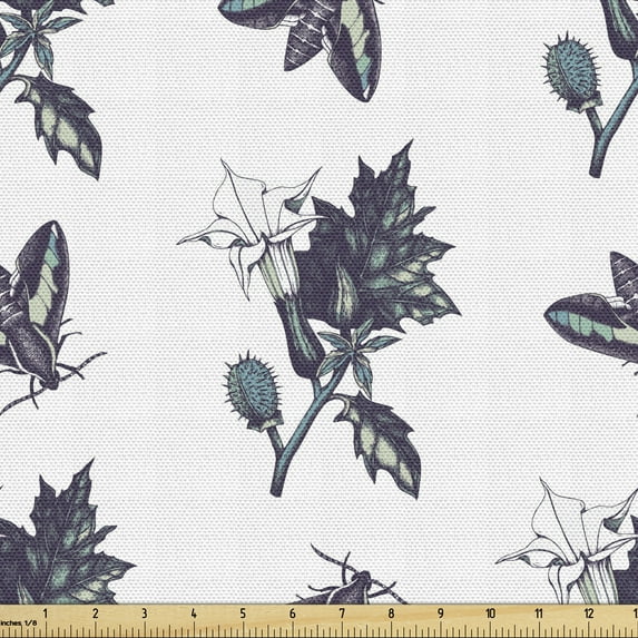 Nature Art Fabric by the Yard, Sphinx Butterflies Thorn Apple Flower Dark Colored Detailed Sketch, Decorative Upholstery Fabric for Chairs & Home Accents, 10 Yards, White Multicolor by Ambesonne