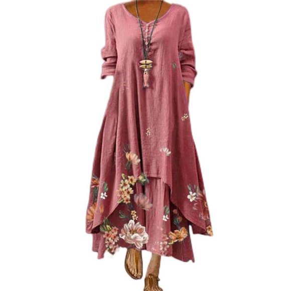 JFBUJC Ladies Casual Floral Dress O Neck Long Sleeve Irregular Loose Long Dress