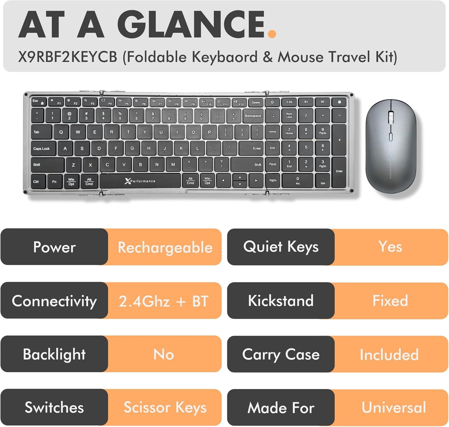 X9 Performance Foldable Keyboard and Mouse Wireless - (BT + 2.4Ghz) - Carrying Case, Phone Stand, Full Sized 106 Keys, Rechargeable - Portable Travel Bluetooth Keyboard and Mouse Set - Space Gray
