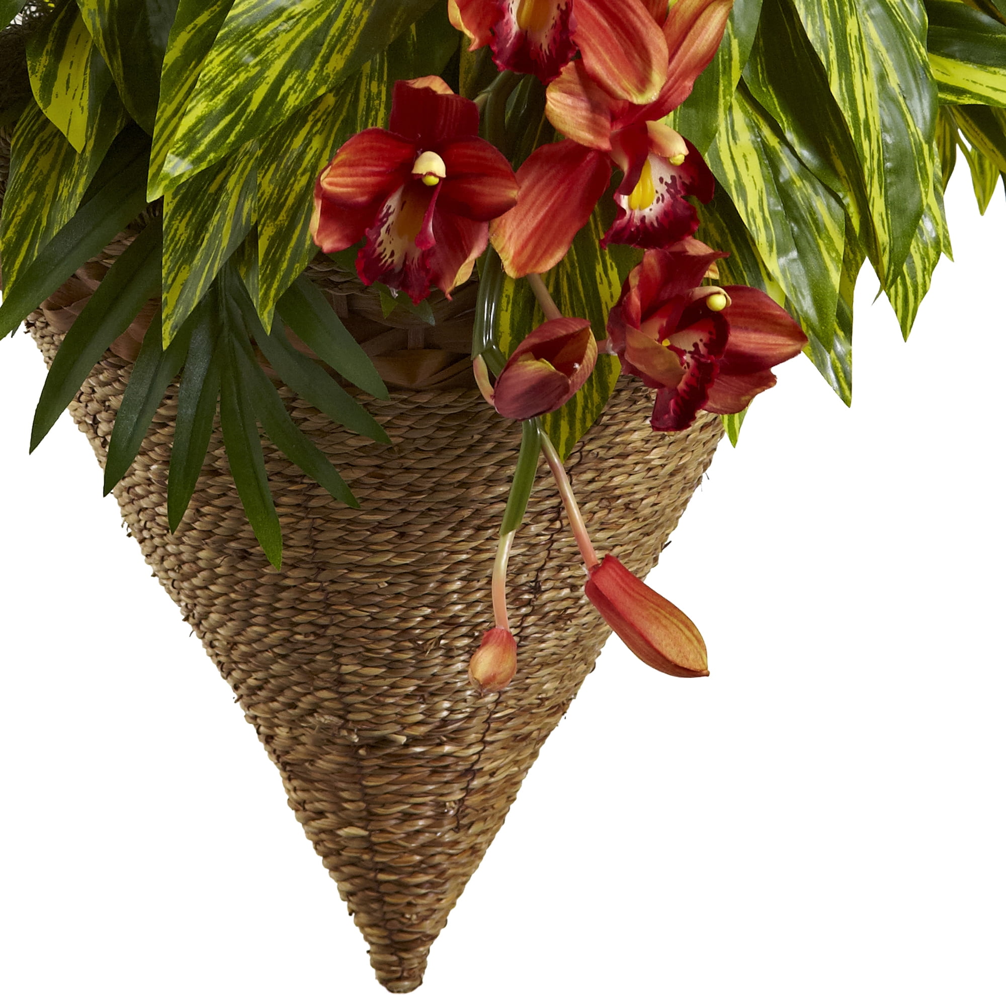 Nearly Natural Red and Green Plastic Mixed Tropical and Cymbidium Hanging Planter