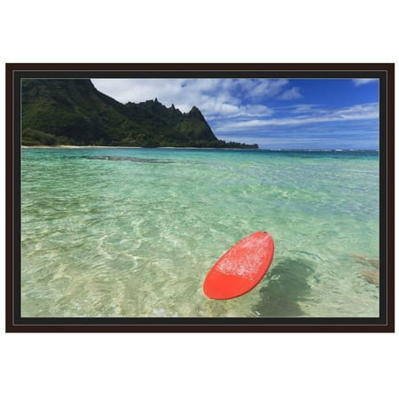 Walnut Island Light - Hawaii, Kauai, Haena Beach, Red Surfboard Floating In Shallow Ocean by Eazl Walnut Framed Premium Gallery Wrap