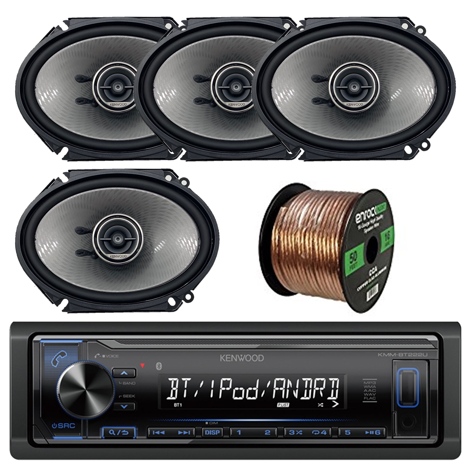 Enrock 50 Ft Speaker Wire Kenwood Single DIN Bluetooth in-Dash AM//FM Car Stereo USB AUX Receiver Bundle Combo with 4X Kenwood D-Series 6x8 Custom Fit 360W Car Audio Coaxial Speakers