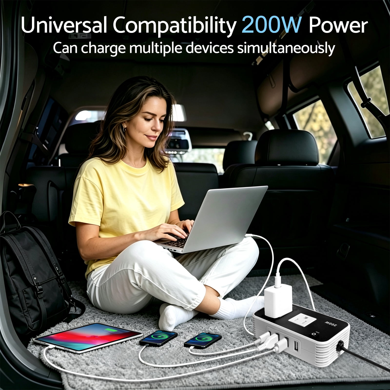 200W Car Power Inverter 12V to 110V for Vehicles, Car Plug Adapter Outlet with 4 USB Fast Charger, Car Charger Cigarette Lighter Adapter for Phone, Laptop on Road Trip