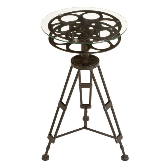 DecMode 15" x 25" Black Metal Reel Film Accent Table with Tripod Legs and Glass Top, 1-Piece