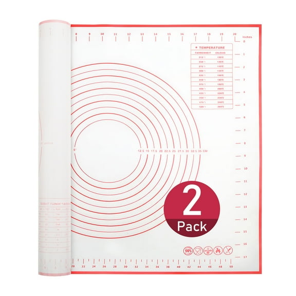Tickjoy 2-Pack Non-Stick Silicone Baking Mats Set - 24"x20" 15"x11" Dough Rolling Mat with Measurement Guide, Kitchen Counter Mat for Bread Making, Cookie Baking, Pastry - Red