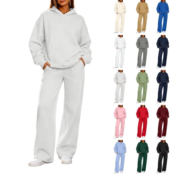 YFNNUP Womens Sweatsuits 2 Piece Set Petite Long Sleeve Hoodie Baggy Wide Leg Sweatpants Solid Color Matching Track Suits Light Blue,S