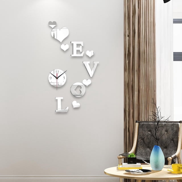 Reloj de pared con forma de corazón de Valentín, decoración de pared con , regalo artístico y moderno y elegante para el día de Valentín Plata
