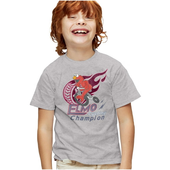 Sesame Street Elmo Cycle Champion Kids T Shirt for Youth Boys and Girls, Athletic Heather, Small